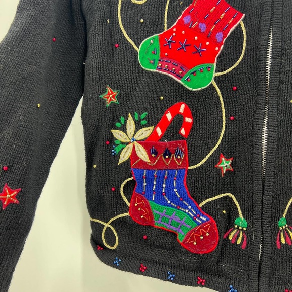 Vintage Embroidered Beaded Stocking Ugly Christmas Sweater Cardigan Medium - Picture 5 of 7